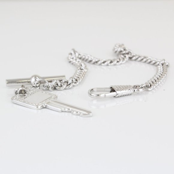 Vintage Silver Tone Cuban Link Pocket Watch Chain w/ Key Charm - Picture 1 of 2